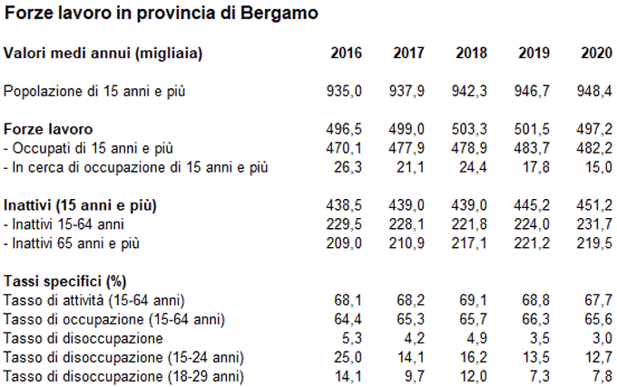 Forze lavoro in provincia di Bergamo, 2016-2020